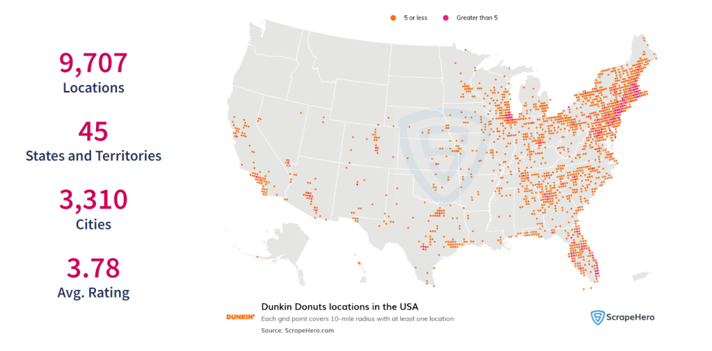 Map of Dunkin' Donuts locations in the US, showing the density of stores across different states.